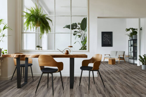 Modern dining and living space featuring rustic hardwood flooring in a neutral gray tone. Elegant wood furniture and indoor greenery complement the natural aesthetic. High-quality engineered hardwood from Rustic Wood Floors Supply.