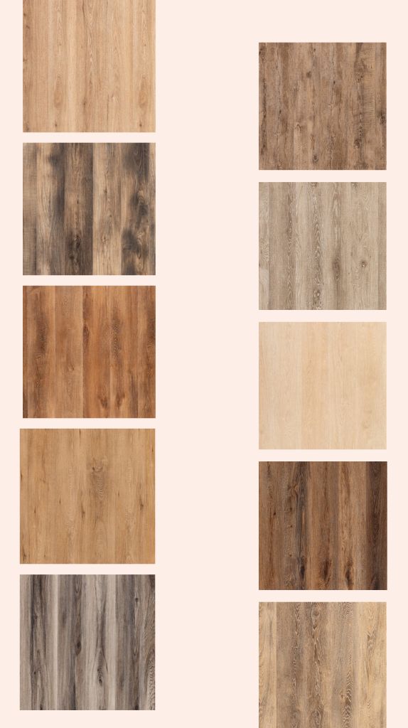 Vinyl Flooring Atlanta Various vinyl flooring swatches in wood-like finishes, arranged in columns, featuring different tones from light oak to dark walnut.