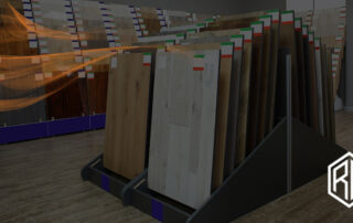 Angled display racks holding a variety of wood and laminate flooring sample panels in a showroom, overlaid with the text ‘7 Most Popular Floorings in 2025,’ accented by translucent orange swoosh graphics and an RW logo in the lower right.