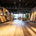 A modern, spacious showroom displaying various types of wood flooring and wall panels. The floor is covered with wide planks of light-colored wood, and stacks of different wood samples lean against the walls and are organized on shelves throughout the store.